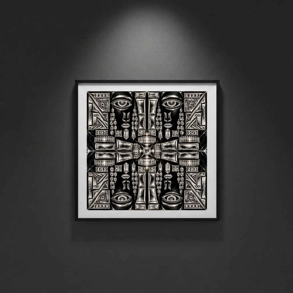 Nocturne Rituals silver ornamental artwork, framed display mockup. Digital download only; frame not included.
