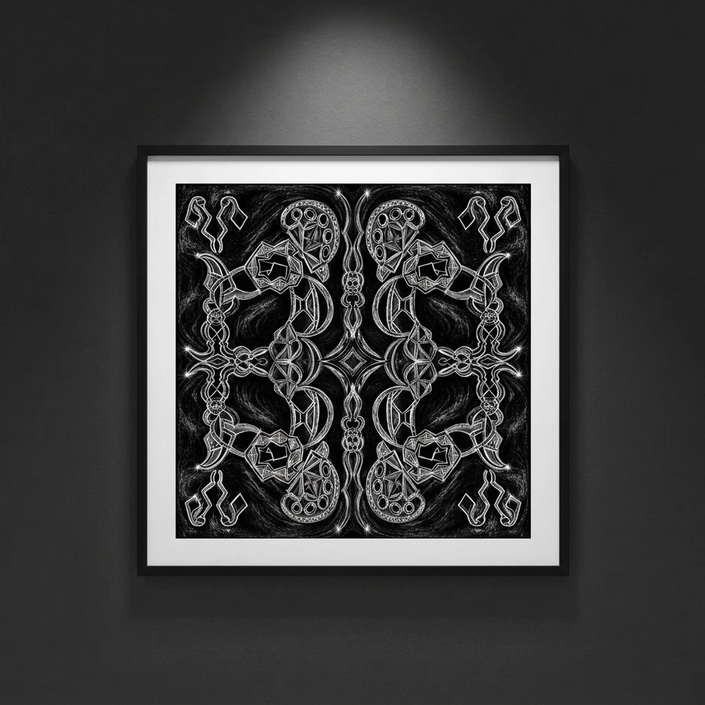 Nocturne Rituals white geometric artwork, framed display mockup. Digital download only; frame not included.