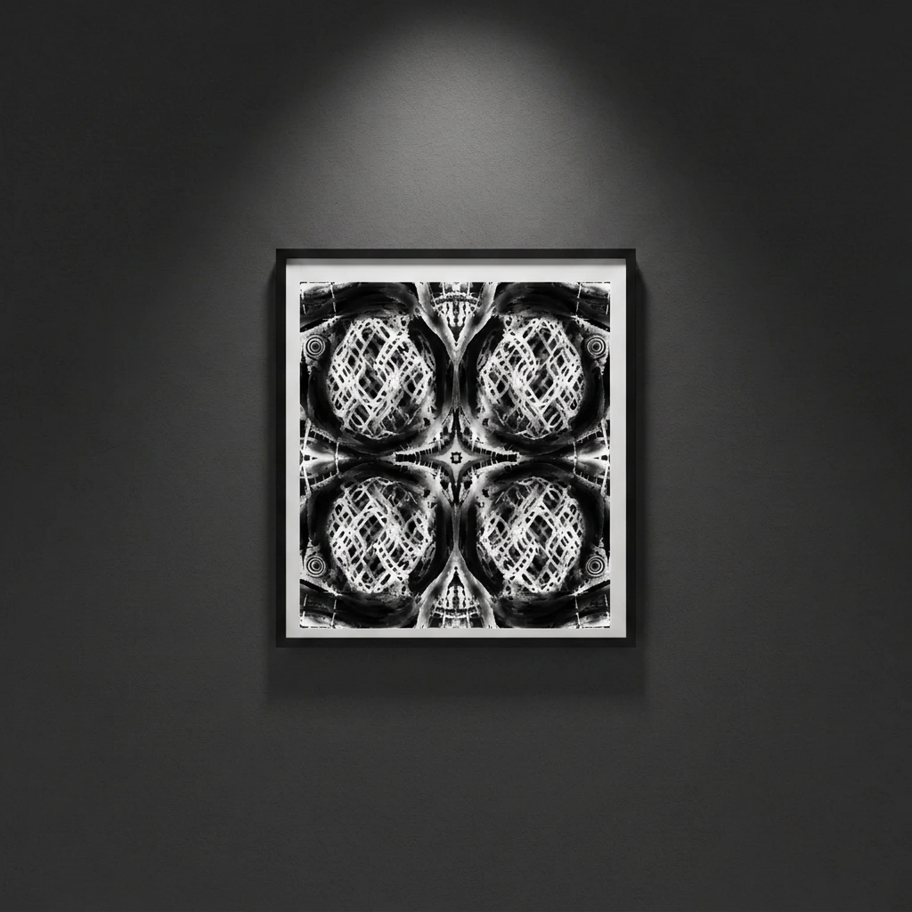 Nocturne Rituals monochrome abstract artwork, framed display mockup. Digital download only; frame not included.