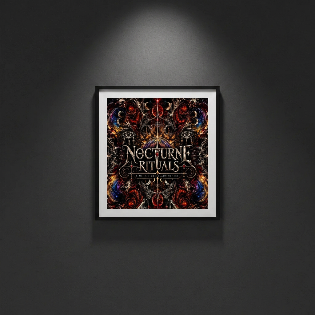 Nocturne Rituals cover shown in a black frame on a charcoal gallery wall. Display mockup only; no physical print or frame included.