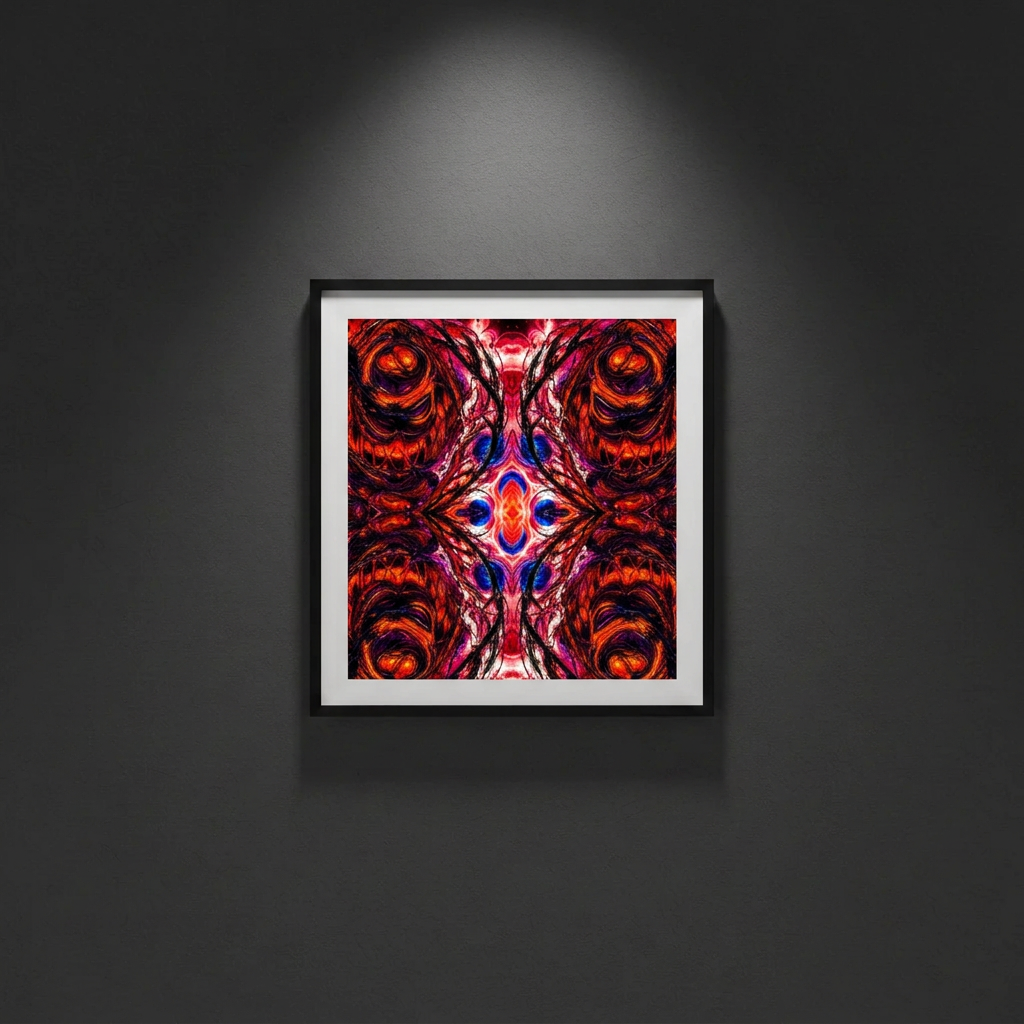 Nocturne Rituals fiery artwork, framed display mockup. Digital download only; frame not included.